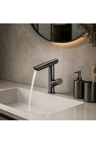 Antrasit Modern Tezgah Üstü 360 Döner Banyo Lavabo Bataryası Siyah