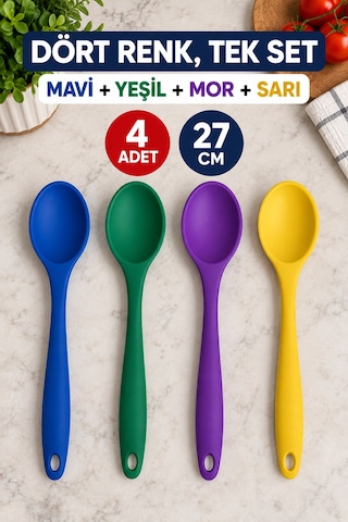 4'lü Set Mavi Yeşil Mor Sarı, Büyük Boy Silikon Kaşık Seti 27 Cm, Mutfak Yemek Pişirme Servis Kaşığı