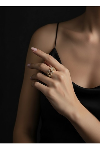Valmont Accessories Kadın Gold Renk Beyaz Damla Taşlı Çok Sıralı Yüzük