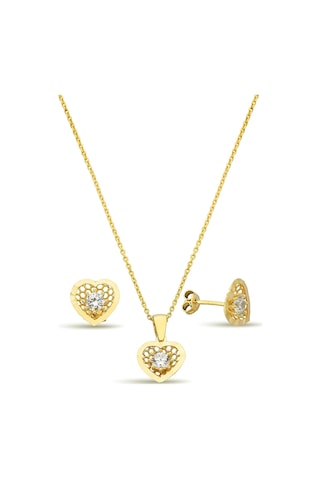 18k Altın Kaplamalı 925 Ayar Gümüş Kalp Set - 67018302 Altın
