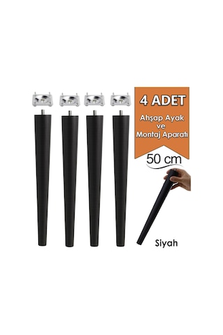4 Adet Ahşap Ayak 50 Cm Siyah M8 Civatalı Bağlantı Aparatlı Mobilya Tabure Sehpa Masa Destek Ayağı Siyah
