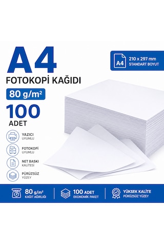 A4 Kağıt 100 Adet 80 Gr Fotokopi Kağıdı Yazıcı Kağıdı Beyaz Copy Paper Ofis Okul Ev