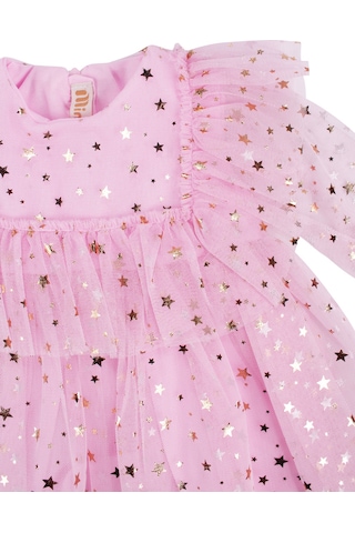 Bebegen Kız Çocuk Pembe Gold Yıldız Desenli Tüllü Elbise Çok Renkli