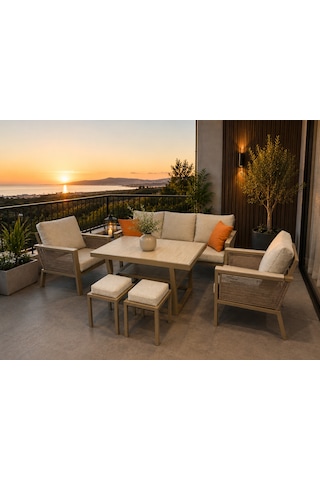 Kanyon Metal Bahçe Balkon Teras Koltuk Takımı 3+1+1+masa+2 Adet Puf Krem