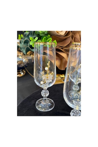 6 Adet Bohemia Kristal Gold Yaldızlı İnci Broşlu Kahve Yanı Su Bardağı Kadeh Altın