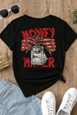 Spoyi Money Maker Tasarımlı %100 Pamuk Yarım Oversize Siyah T-lhirt