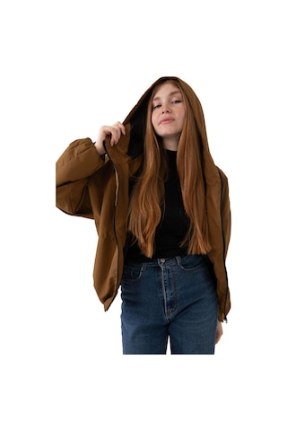 Kadın Kapüşonlu Su Ve Rüzgar Geçirmez Cepli Astarlı Oversize Mevsimlik Yağmurluk-56 Taba