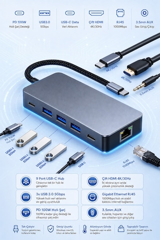 Justlink 9 Port Usb-c Hub Type-c Çoklayıcı Adaptör Çift Hdmı 4k 30hz Rj45 Gigabit Ethernet Pd 100w 3x Usb 3.0 Usb-c Veri 3.5mm Aux Alüminyum Gövde