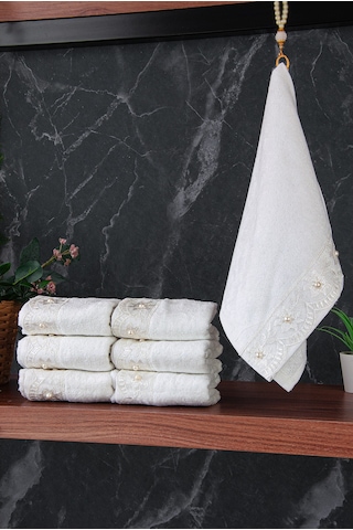 % 100 Pamuklu Kadife Güpürlü İnci Işlemeli 6 Lı Çeyizlik El Yüz Havlu Seti - 30x50 Cm - 04466 - Beyaz Beyaz