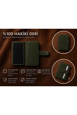 Aldorya %100 Hakiki Deri Erkek Cüzdan Kartlık 8 Kart Gözü, Çıtçıtlı, Nakit Bölmeli, Kompakt Koyu Yeşil