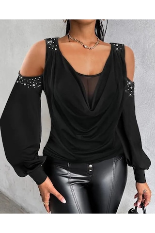 Kadın Yuvarlak Degaje Yaka Omuz Detay Taşlı Uzun Kollu Sandy Bluz Siyah