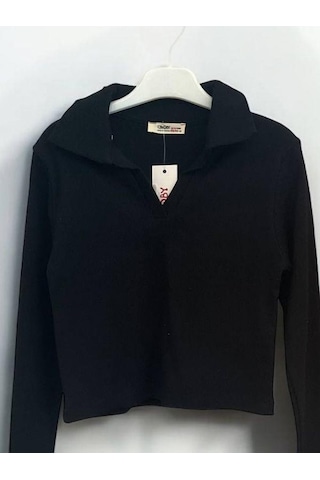 Kız Çocuk Mevsimlik Pamuklu V Yakalı Crop Bluz-14424 Siyah