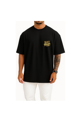 Bahriyeli Collection Oversize Effective Sat Cep Ve Sırt Baskılı Unisex T-shirt Siyah