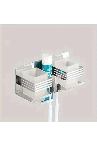 Fastbuy Çelik Diş Fırçası & Macun Rafı - Duvara Monte - Kare Bardak - Siyah Siyah