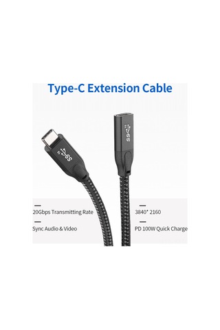 Yuntech01 Usb 3.1 Gen2 Type-c Uzantı Kablosu 0.3m Siyah - Pd 100w Hızlı Şarj, 20gbps Veri Transferi, 4k Ses-video, Thunderbolt3 Dış Disk Uyumlu
