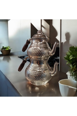 Bakır Çaydanlık & Bakır Demlik El Yapımı Zımba Desenli Gümüş Renk Gümüş