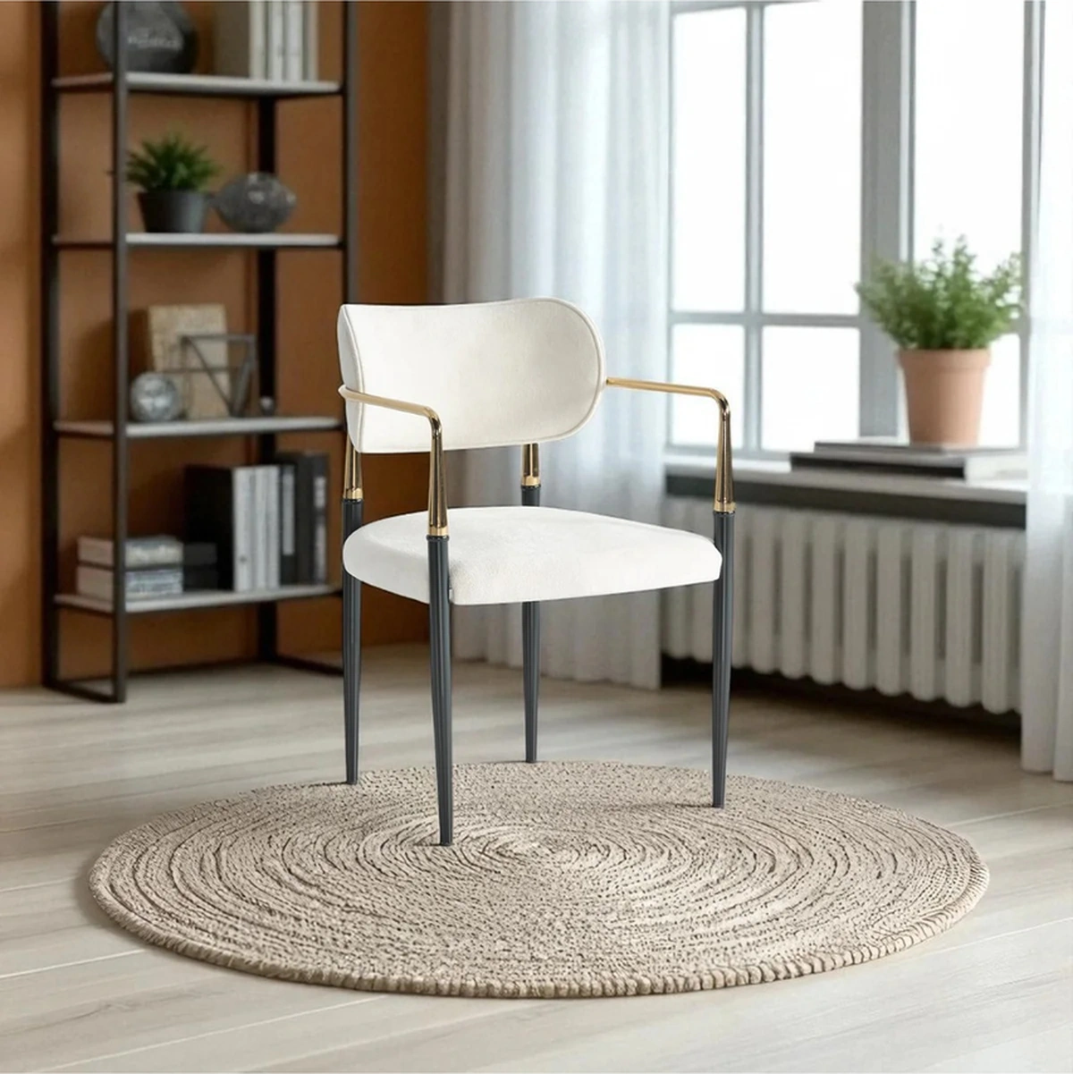 Dengema Umay S81 Kollu Sandalye 2 Adet Sandalye Set, Krem Kumaş, Gold - Siyah Ayak Krem - Gold - Siyah