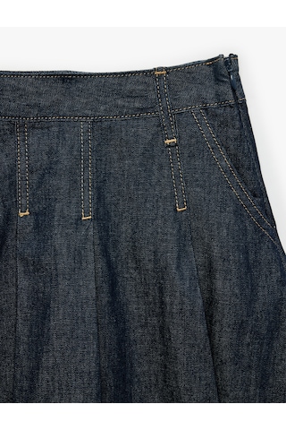 Koton Pamuklu A Kesim Pileli Midi Denim Etek Koyu İndigo 7wkg70003ad