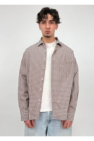 Zaee 404 Baskılı Kareli Oversize Gömlek kahverengi