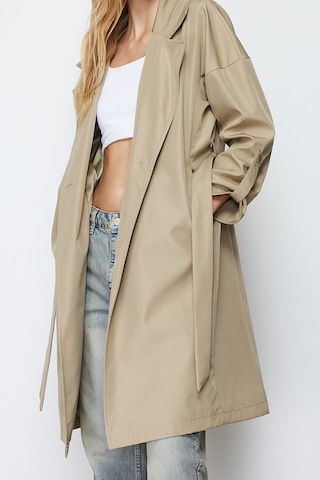 Ersefa Tasarım Düz Astarlı Yaka Midi Oversize Ceket Kadın Oversize Kuşak Açık Haki