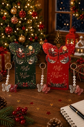 Butterfly Yeşil & Kırmızı Noel Baba Kartlı Renkli Kelebek Anahtarlık - Yılbaşı Hediyesi - 10x13cm