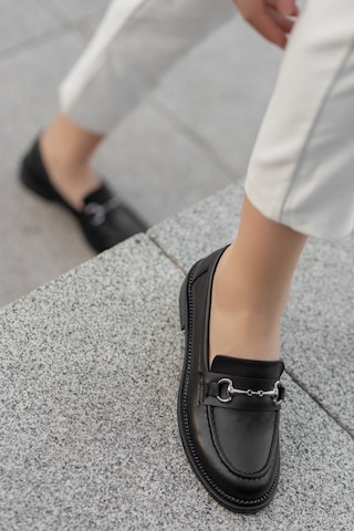 Garantili Horse Kadın Zincirli Loafer Günlük Ayakkabı Siyah