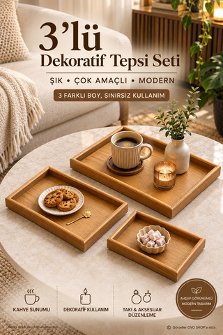 Bambu Tepsi 3'lü Set - Sunum Ve Dekoratif Tepsi Kahverengi