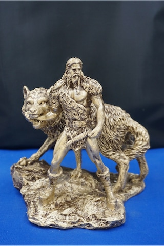 Tyr Savaş Tanrısı Heykeli - Kurtlu Try Biblo - 26 Cm Mitolojik Obje Hediyelik Dekor Altın