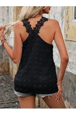 Munn Collection Kadın Dantel Askılı V Yakalı Sırtı Çapraz Detaylı Ponpon Bluz Siyah