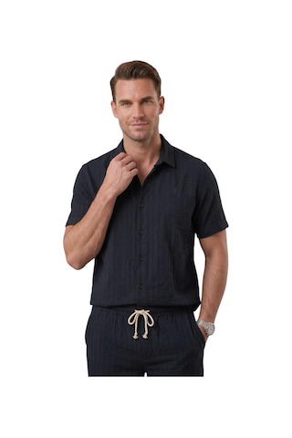 Deep Sea Deepsea Lacivert Slim Fit Çizgi Dokulu Keten Görünümlü Kısa Kol Erkek Spor Gömlek 2602648