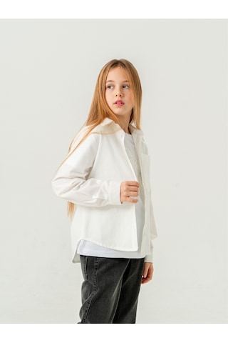 Giyicem Kız Çocuk Cep Dantelli Gömlek T-shirt İkili Takım 1803 Beyaz