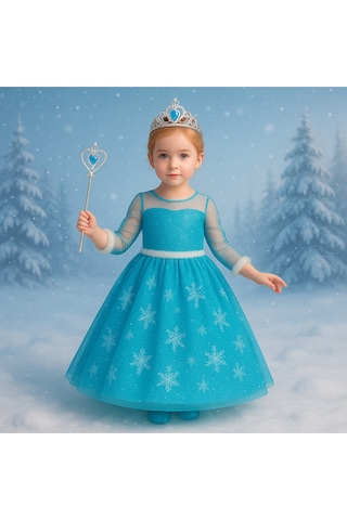 Parti Selesi Karlar Ülkesi Frozen Uzun Kol Abiye Mavi