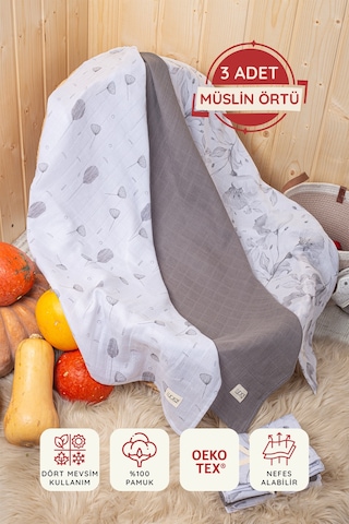Luckka Dijital Baskılı 3'lü Müslin Örtü Seti - 75x75 Cm - Zt5000 Gri Gri