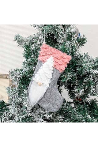 Geeroyoo Pembe Noel Çorabı, Cüce Figürlü Hediye Torbası, Dekoratif Noel Aksesuarı, 23x12cm Boyutunda