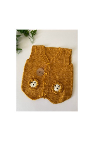 Adenya Sepeti El Örgüsü Aslan Figürlü Bebek Yeleği Handmade Hardal Detaylı