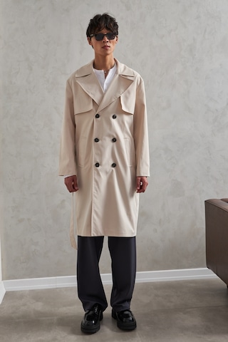 Erkek Kruvaze Yaka Oversize Trençkot Krem
