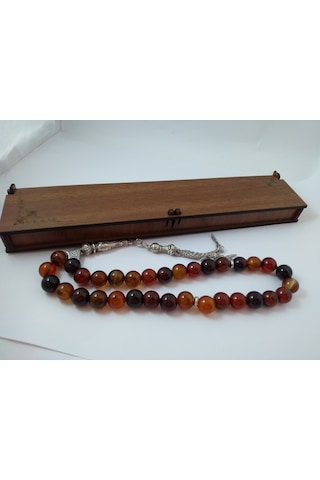 Kızıl Kahve Akik Taşı Tespih Ahşap Kutulu / 10 MM Doğaltaş Tespih