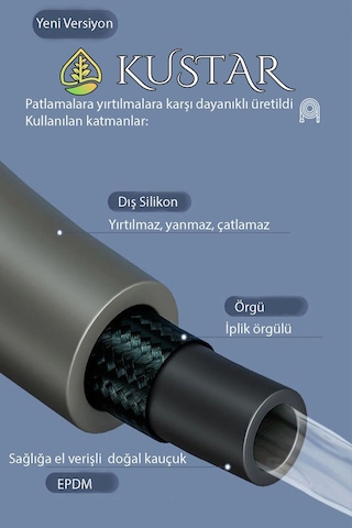 Kustar Nano Silikon Patlamaz Yırtılmaz Ezilmez Duş Hortumu 150 Cm Gri Banyo Duş Hortumu Krom