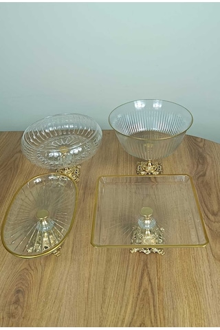 Elta Collection Gold Detaylı Metal Ayak 4 Parça Sunum Ve Servis Seti Gold