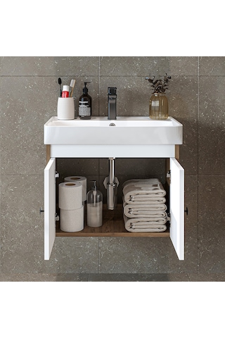 Ada Lavabolu Mat Suntalam Banyo Alt Dolabı 60 Cm Beyaz - Atlantik Atlantik Çam - Beyaz