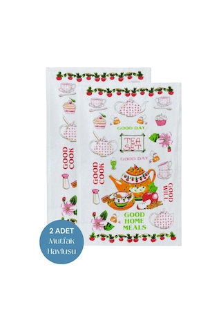2li Paket Baskılı Beyaz Mutfak Havlusu Modeli Good Day