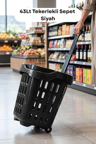 43 Lt Tekerlekli Market Sepeti Plastik Alışveriş Sepeti Ergonomik Çift Saplı Siyah