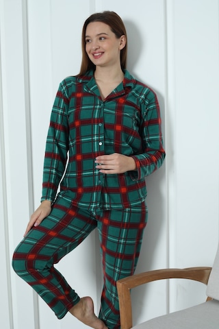Fawn 3957 Boydan Düğmeli Polar Kışlık Kadın Pijama Takımı Yeşil