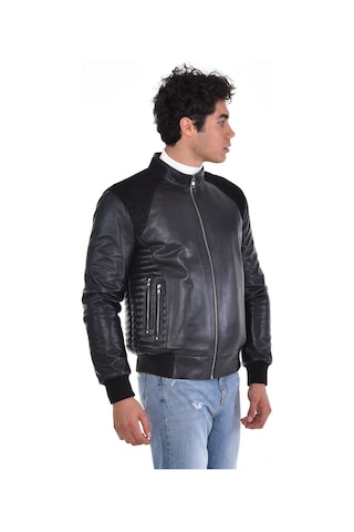 Hakiki Deri Siyah Erkek Deri Mont Kollar Ve Belden Lastikli Çift Fermuarlı Yandan Cepli Deri Ceket Siyah