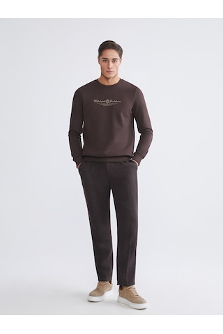 Lcwaıkıkı Classic Kahverengi Standart Kalıp Bisiklet Yaka Baskılı Erkek Kalın Sweatshirt