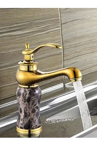 Fleko Lavabo Bataryası Antik Gold Gerçek Mermer Desenli Taş Gövdeli 20 Cm Yükseklik Banyo Lavabo Bataryası Gold