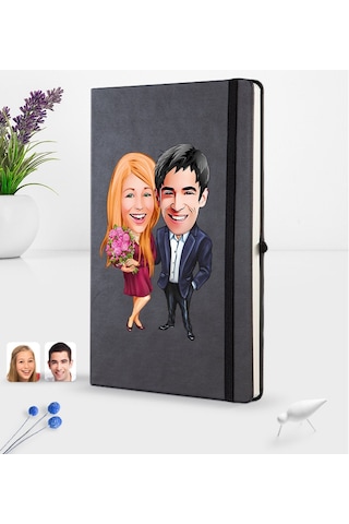 Kişiye Özel Sevgililer Karikatürlü Siyah Termo Deri Defter 16X24C N11.1950