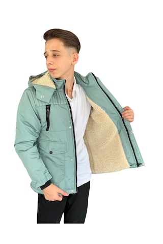 Erkek Çocuk Fermuar Torba Cepli Fermuar Çıtçıt Kapamalı Peluş Astarlı Kapüşonu Çıkabilen Yeşil Mont Yeşil