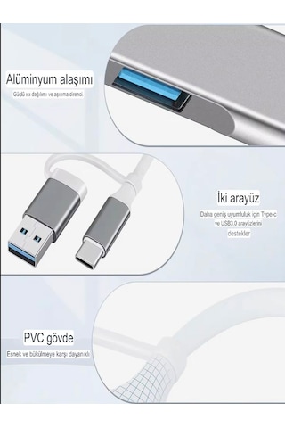 Alüminyum Metalik 4'ü 1 Arada Usb + Type-c Çevirici, Usb 3.0 Hızl