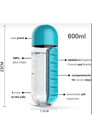 600 Ml 7 Günlük İlaç Saklama Kutulu Hazneli Su Matarası Mavi